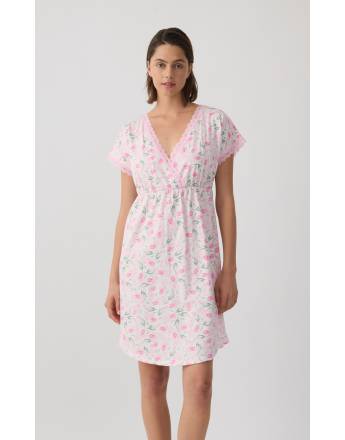 MINERVA Tulips Γυναικεία Κοντομάνικη Νυχτικιά Θηλασμού/ Εγκυμοσύνης 90-53234-366 ECRU-PINK TULIPS SS2026