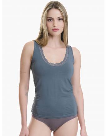 Walk Φανελάκι V-neck τοπ από bamboo με δαντέλα Πράσινο σκούρο W2207-1_40