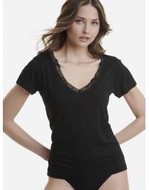 Walk Φανελάκι V-neck t-shirt από bamboo με δαντέλα Μαύρο W2208_02