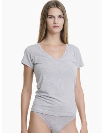 Walk Φανελάκι V-neck t-shirt από bamboo με δαντέλα Γκρι Μεσαίο W2208_49