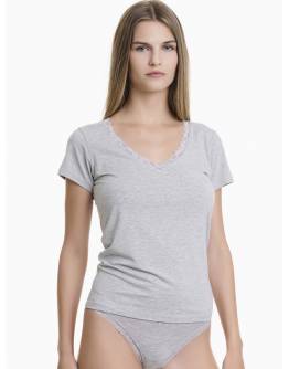 Walk Φανελάκι V-neck t-shirt από bamboo με δαντέλα Γκρι Μεσαίο W2208_49
