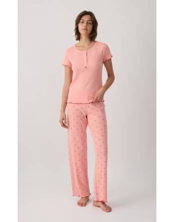 MINERVA Cherries Pointelle Κοντομάνικη Γυναικεία Πιτζάμα με Μακρύ Παντελόνι 90-53203-418 PEACH SS-2026