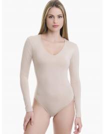 Walk Γυναικείο Μακρυμάνικο κορμάκι V-neck από bamboo Μπεζ W2226_19