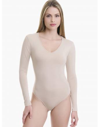 Walk Γυναικείο Μακρυμάνικο κορμάκι V-neck από bamboo Μπεζ W2226_19