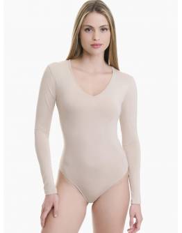 Walk Γυναικείο Μακρυμάνικο κορμάκι V-neck από bamboo Μπεζ W2226_19