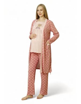 PijaMood Set Γυναικεία πιτζάμα εγκυμοσύνης και θηλασμού με ρόμπα BEAR PJMD9620 σάπιο μήλο
